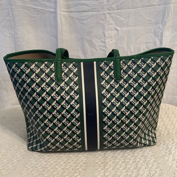 Tory Burch Green Navy Cream Geometric Print Tote - Picture 2 of 7